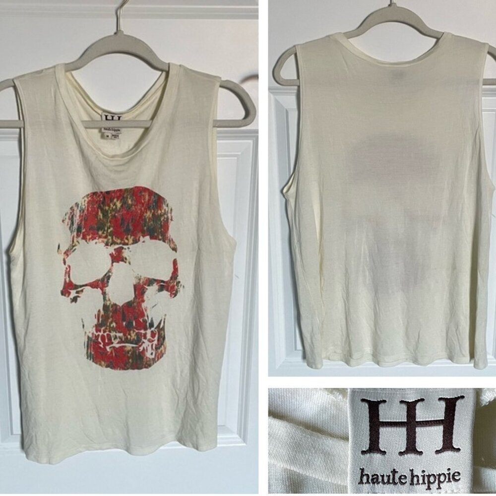 Haute Hippie Cream Tank with Red Floral Skull Graphic